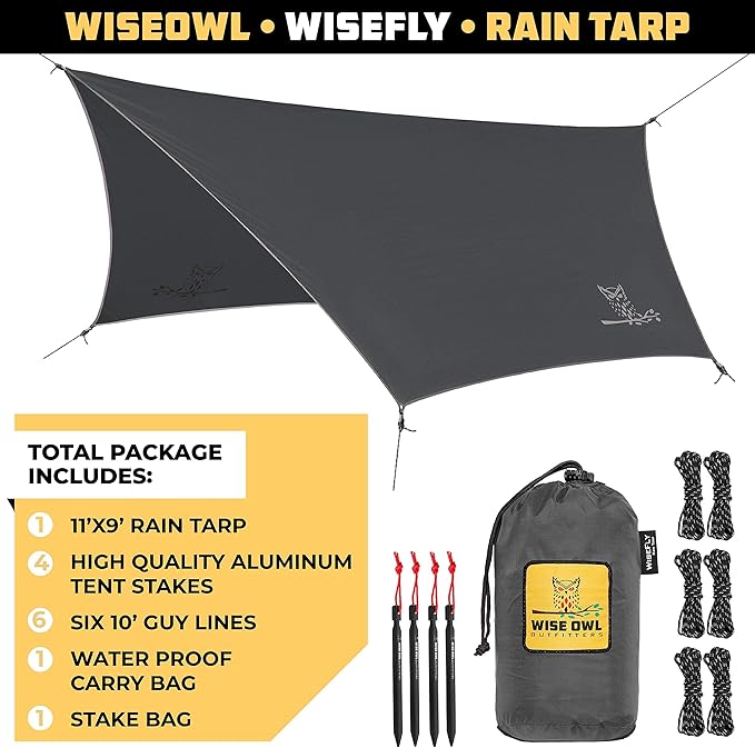 Wise Owl Outfitters Hammock Tarp, Hammock Tent - Rain Tarp for Camping Hammock - Camping Gear Must Haves w/Easy Set Up Including Tent Stakes and Carry Bag