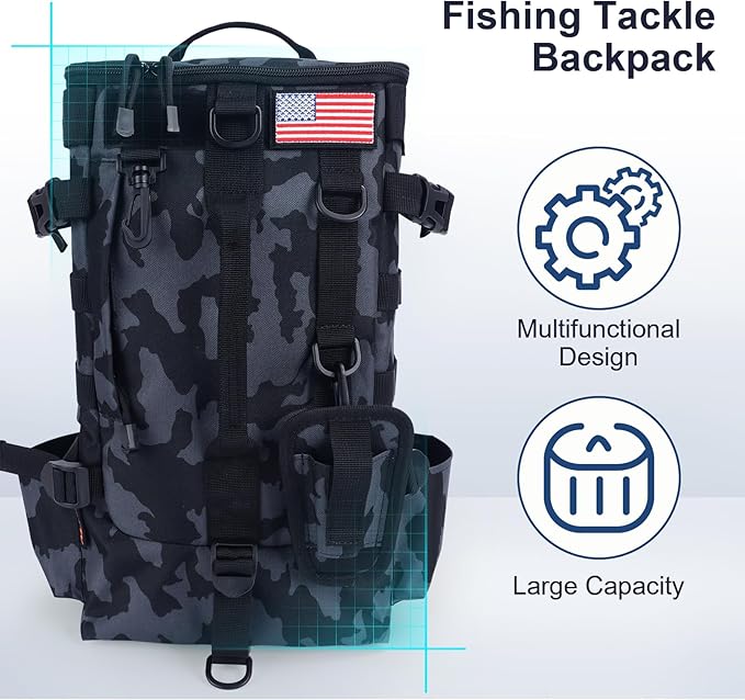 Fishing Backpack Tackle Bag, Fishing Backpack with Rod Holders Large Storage Fishing Tackle Box Backpack, Fishing Rod Bag for Carrying Fishing Gear and Equipment, RBC01
