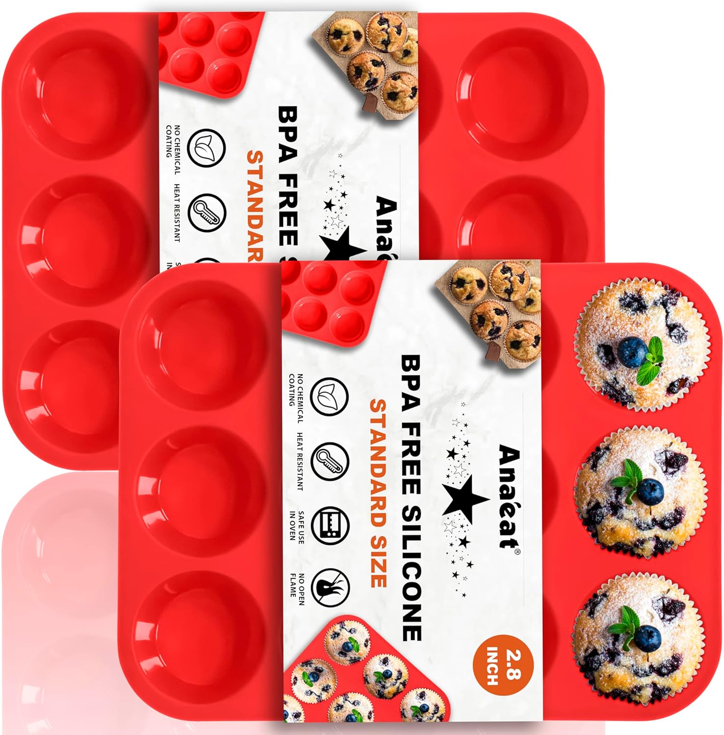 Anaeat Silicone Muffin Pan set- Regular 12 Cups Cupcake Tray, Non-Stick Silicone Baking Molds for Making Muffin Cakes, Cupcake, Chocolate, Bread,Tart and Desserts, Just Pop Out (2 Pack)