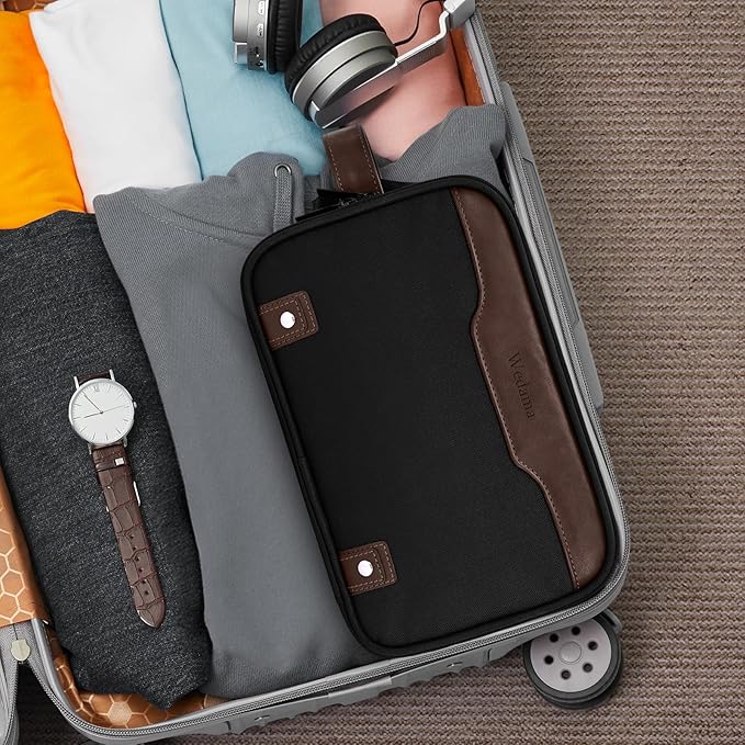 Wedama Toiletry Bag for Men, Medium Hanging Travel Toiletry Bag, Extra Electronic Organizer Bag Waterproof Travel Bag for Toiletries with PU Handle for Travel Business Trips Swim Camping, Black&Brown