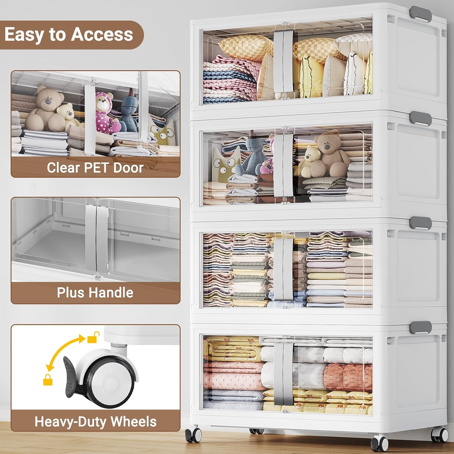 160QT Stackable Storage Bins with Lids, 40Gal Extra Large Collapsible Storage Box with Wheel, Plastic Storages with Clear Door Open Front for Home Bedroom Garage, White-1pack(1 lid)