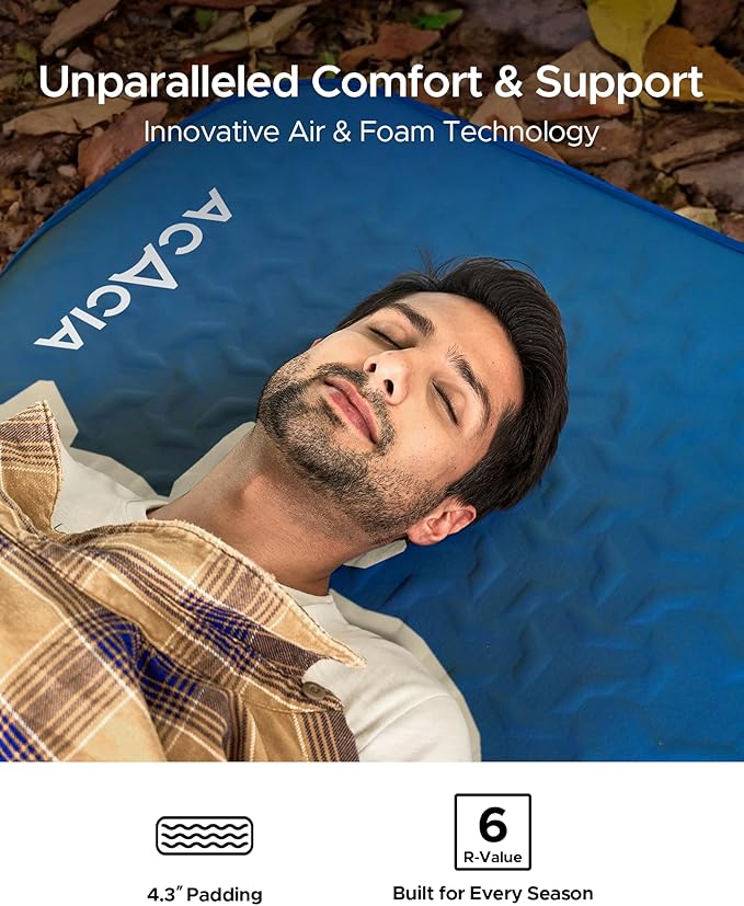 ACACIA 4.3" Thick Self Inflating Sleeping Pad with Foam | Innovative Y-Shaped Telescopic Structure | Ultraportable Camping Mattress | Outdoor Compact Air Mat for Tent Car |