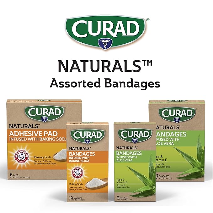 CURAD Naturals Aloe Vera & Vitamin E Bandages 2" x 4", Individually Wrapped Sterile Bandage, First Aid Kit Essential, Protects Scrapes and Cuts, Absorbent and Self-Adhesive, 8-Count-4 Boxes