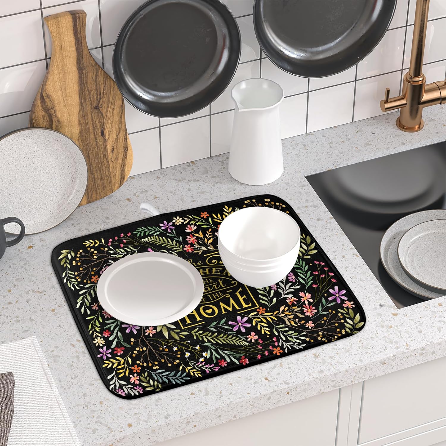 Absorbent Dish Drying Mat Colorful Flowers Microfiber Pad for Kitchen Counter Coffee Bar Decor 16" X 18"