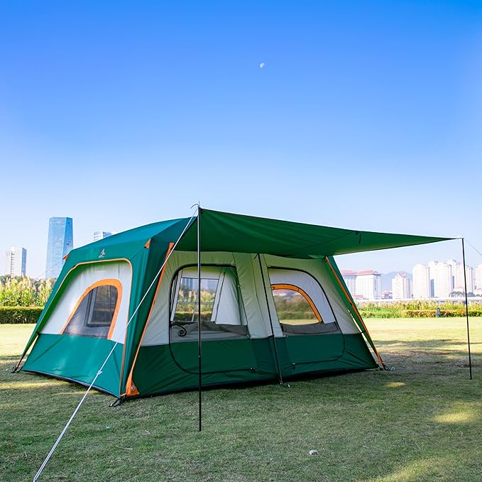 KTT Extra Large Tent 10-12-14 Person(A),Family Cabin Tents,2 Rooms,3 Doors and 3 Windows with Mesh,Straight Wall,Waterproof,Double Layer,Big Tent for Outdoor,Picnic,Camping,Family Gathering