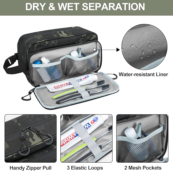 Tactical Toiletry Travel Bag for Men, Dopp Kit Shaving Organizer Case for Toiletries, Shower and Grooming Care Accessories, Camo(Empty Bag Only, Patent Design)