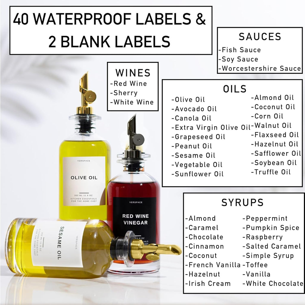 Olive Oil Dispenser Bottle For Kitchen With Silicone Tray & 40 Labels, Soy Sauce Dispenser, Coffee Syrup Dispenser, Olive Oil Bottles Set Of 2, Black