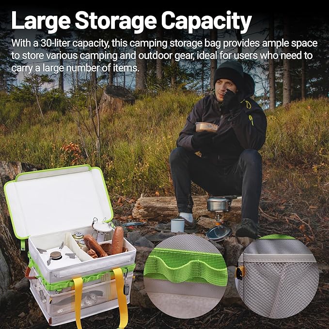 30L Camping Storage Bag with Lid, Carrot Orange Camping Organizer Containers, Picnic Basket Chuck Box Tactical Bag for Hiking Cookware Travel Car