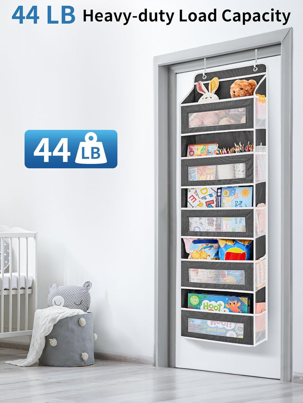 JARLINK Over the Door Organizer Storage, 5 shelf Hanging Organizer with 5 Large Capacity Pockets, Anti Tilt 44 lb Load Behind Door Storage for Bedroom, Bathroom, Pantry, Nursery, (Black)