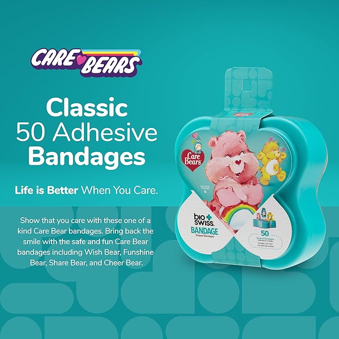 BioSwiss Care Bears Bandages, Classic Care Bear Shaped Self Adhesive Bandage, Latex Free Sterile Wound Care, Fun First Aid Kit Supplies for Kids, 50 Count
