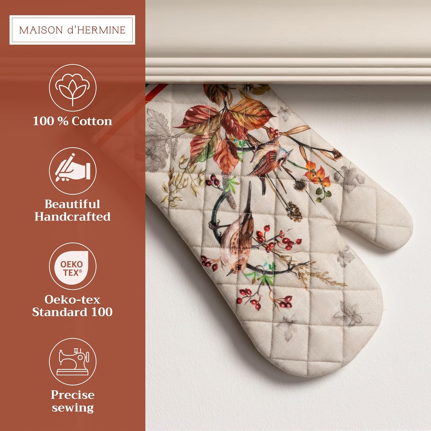 Maison d' Hermine Oven Gloves 100% Cotton Oven Mitt 7" x 13" with Loop Heat Resistant, BBQ, Cooking Gloves, Baking, Grilling, Kitchen, Handling Hot Pans (Pack of 1, Recolte)