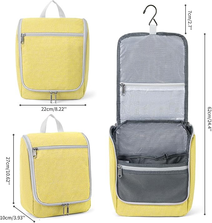 Travel Hanging Toiletry bag for Men & Women, Water-resistant Sturdy Nylon Toiletries Organizer for Cosmetics, Makeup Brushes, Shaving Tools, Bathroom Bag, Yellow