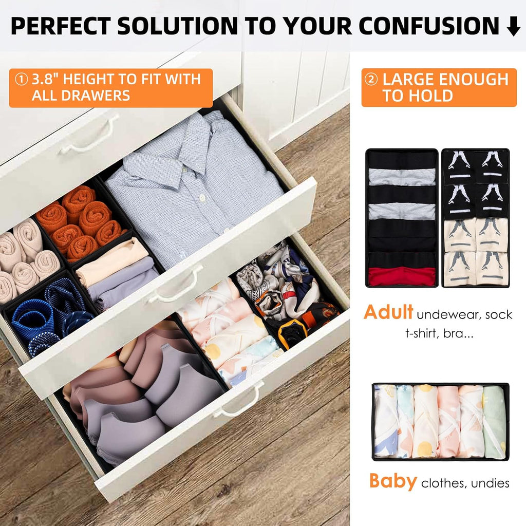 Criusia Drawer Organizer - 6 Pack Clothes Bins for Bedroom & Nursery - Dividers for Socks, Underwear & Baby Clothes - Black