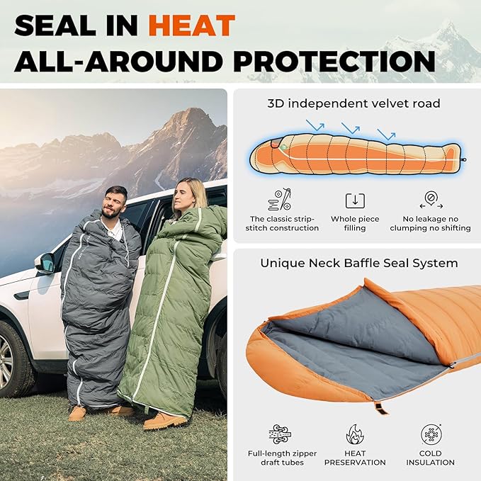 KingCamp Down Sleeping Bag for Adults, 600 FP Cold Weather 3-4 Season Sleeping Bag, Ultralight & Compact with Compression Sack for Backpacking, Camping, Hiking