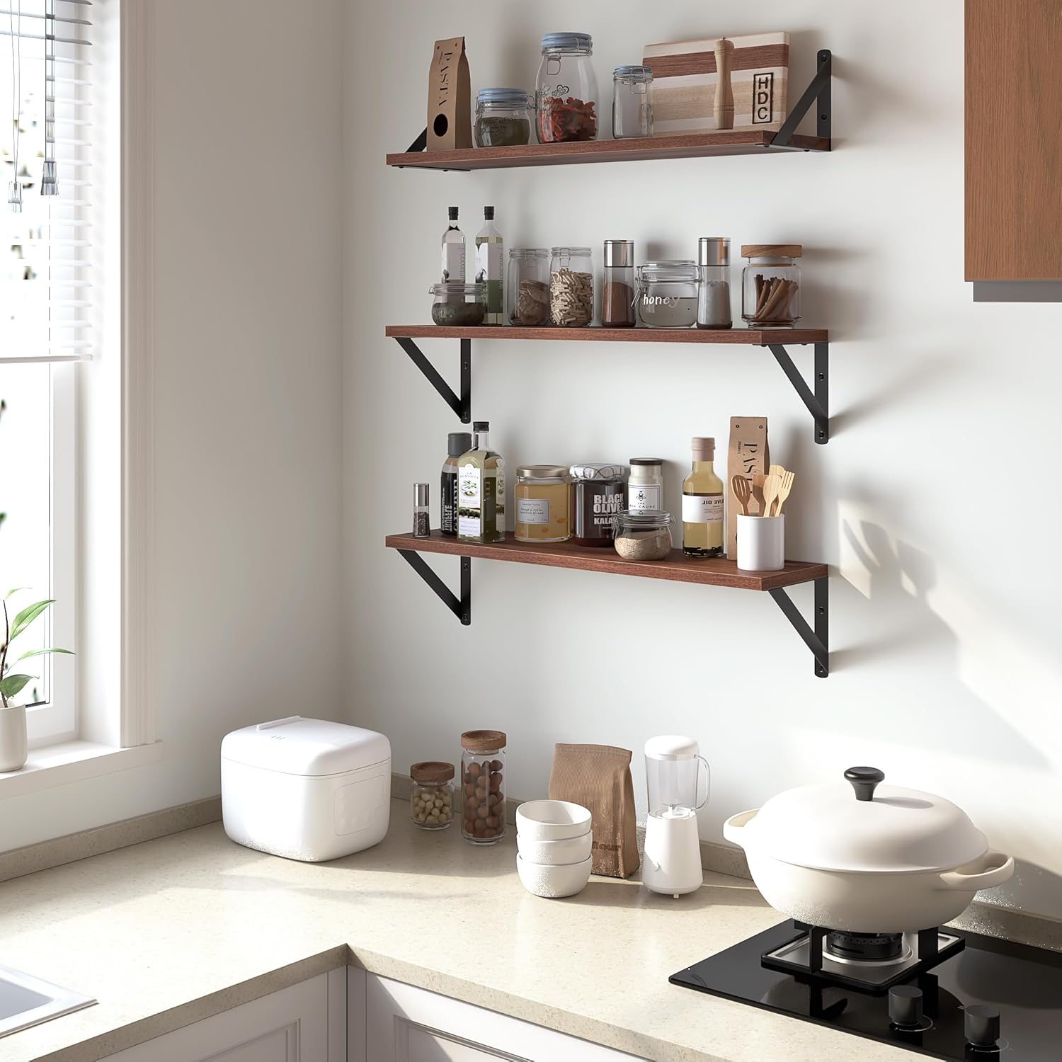 Heimlove Floating Shelves for Wall, 24 Inch Long Wood Floating Shelves Set of 3, Wall Mounted Hanging Shelf for Bathroom Bedroom Kitchen, Walnut