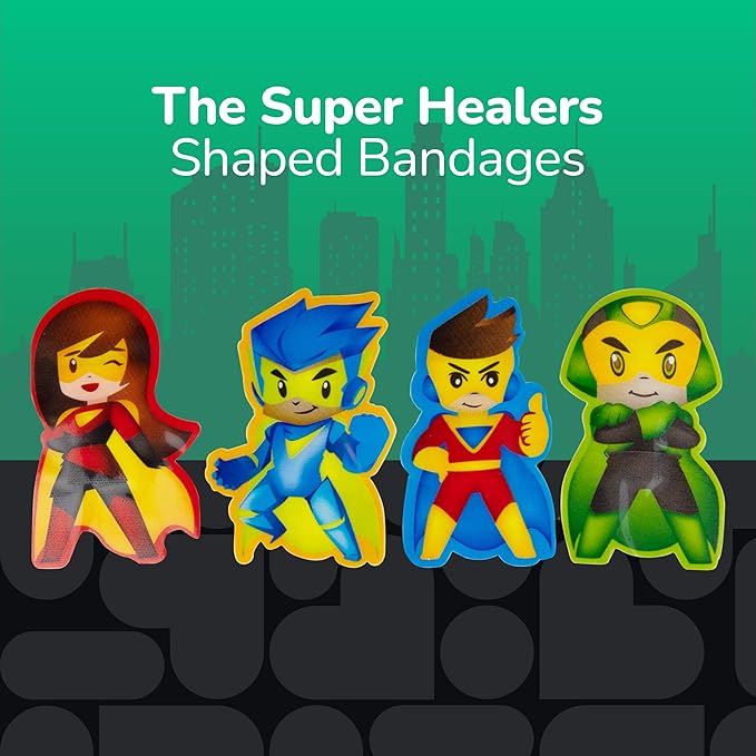 BioSwiss Bandages, Super Healers Superhero Shaped Self Adhesive Bandage, Latex Free Sterile Wound Care, Fun First Aid Kit Supplies for Kids and Adults, 24 Count