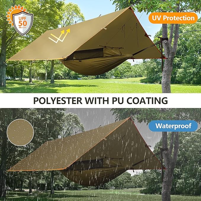 FREE SOLDIER Camping Tarp - Waterproof Portable Multifunctional Outdoor Awning Backpacking Shelter Rain Tarp (Brown 1013ft)