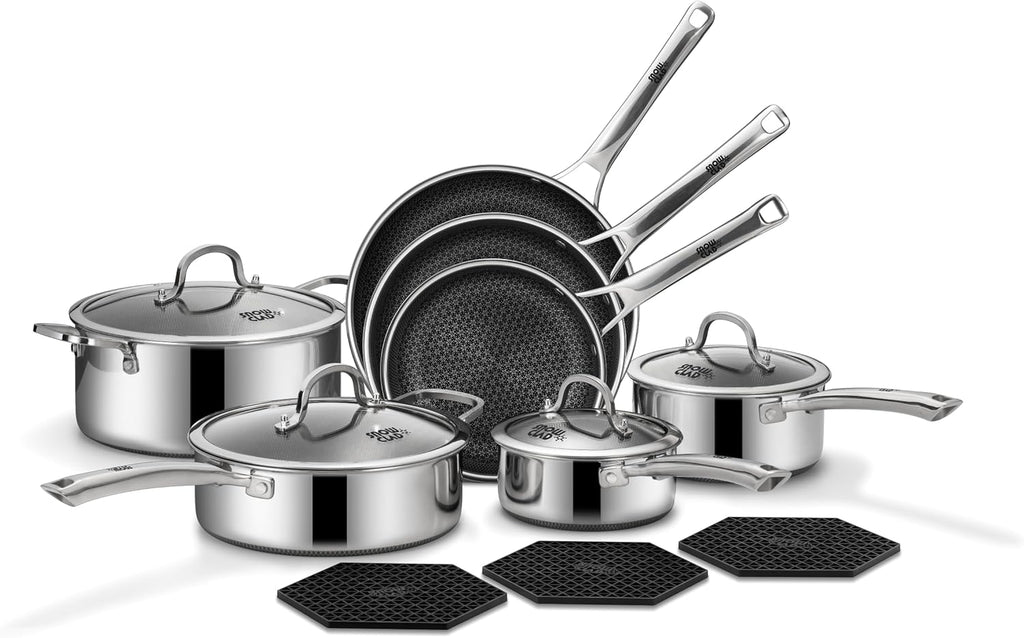 SNOWCLAD Pots and Pans Set Non Stick, 14 Pcs Hybrid Stainless Steel Cookware Sets, Non Stick Frying Pans, Saucepans, Saute Pan & Stock Pot, PFOA Free Kitchen Skillet,Induction Compatible