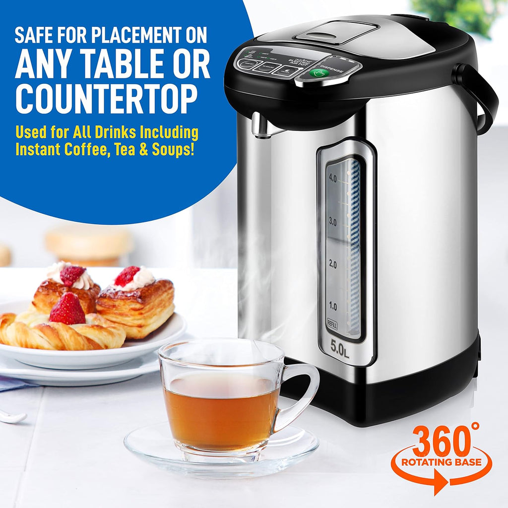 NutriChef Electric Water Boiler and Warmer - 5L/5.28 Qt Stainless Steel Hot Water Dispenser w/Rotating Base, Keep Warm Temperature Set, Auto Shut Off, Safety Lock, Instant Heating for Coffee & Tea