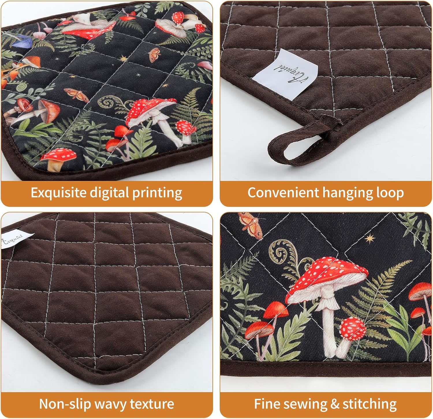 Mushroom Grass Oven Mitts and Pot Holders Sets 2Pcs, 100% Cotton Heat Resistant, Extra Long Oven Gloves Potholder for Kitchen Cooking Baking Decoration