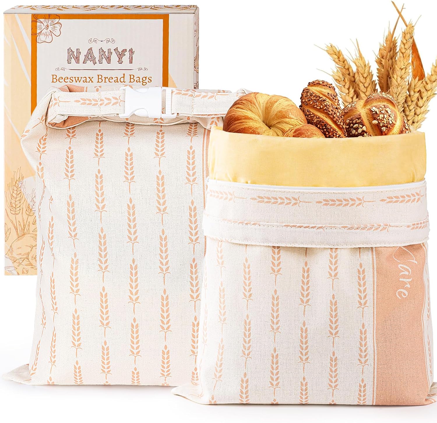 2-Pack Reusable Beeswax Bread Bags for Sourdough & Homemade Bread，Cotton Waxed Bags Keeps Fresh Longer(Amber Wheat)