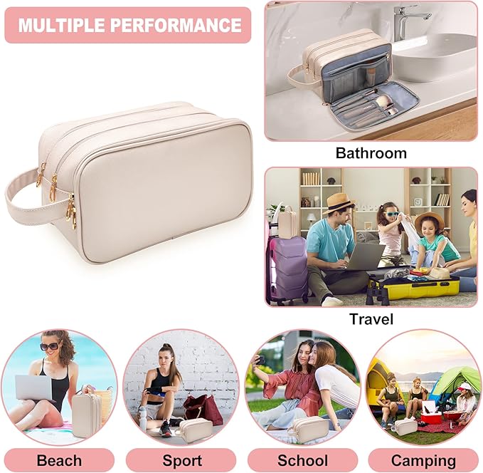 Travel Toiletry Bag for Women, Water-resistant Toiletry Organizer Dopp Kit, Dorm Room Essentials for Girls, Eco Leather Make Up Bag for Toiletries Accessories, Mother's Day Graduation Gifts for Her