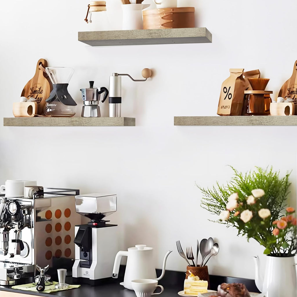 Colima Floating Shelves for Grey Wood Wall Shelf for Bedroom, 24 Inch Wall Mounted Floating Shelves for Bathroom Living Room Kitchen Office, 1.5" Thick Floating Book Shelves for Wall, Set of 3