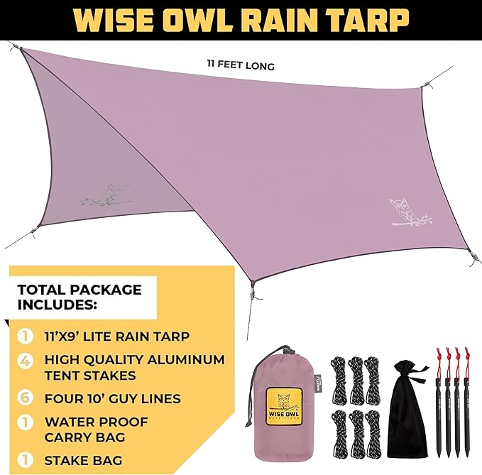 Wise Owl Outfitters Hammock Tarp, Hammock Tent - Rain Tarp for Camping Hammock - Camping Gear Must Haves w/Easy Set Up Including Tent Stakes and Carry Bag