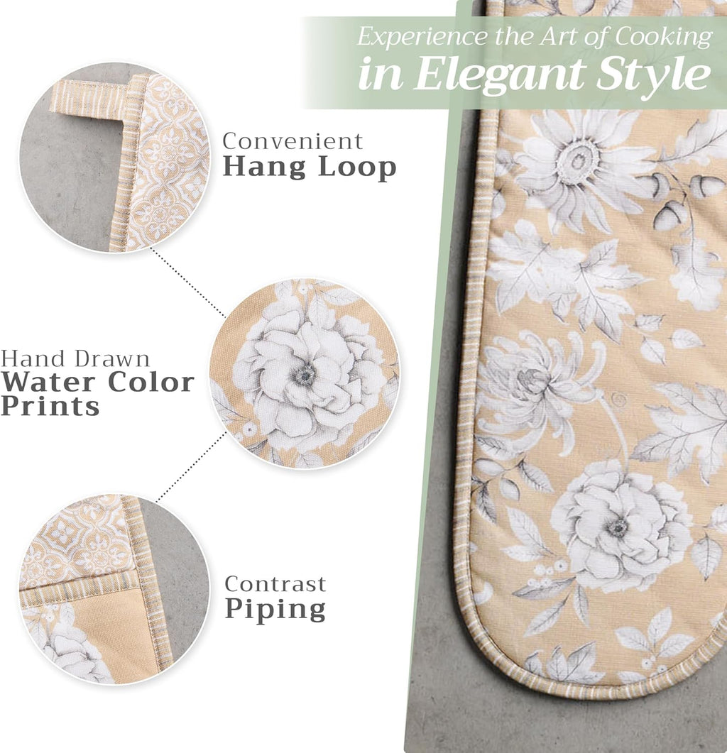 Maison d' Hermine Double Oven Mitts 100% Cotton 7"x35" Double Oven Mitt Heat Resistant BBQ Cooking Gloves with Loop, Baking, Grilling, Home, Kitchen, Handling Hot Pans (Pretty Autumn)