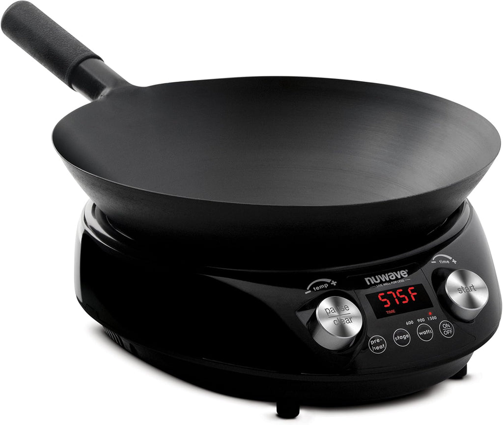 Nuwave Mosaic Induction Wok, Precise Temp Controls from 100°F to 575°F in 5°F, Wok Hei, Infuse Complex Charred Aroma & Flavor, 3 Watts 600,900 & 1500, Authentic 14-inch Carbon Steel Wok Included,Black