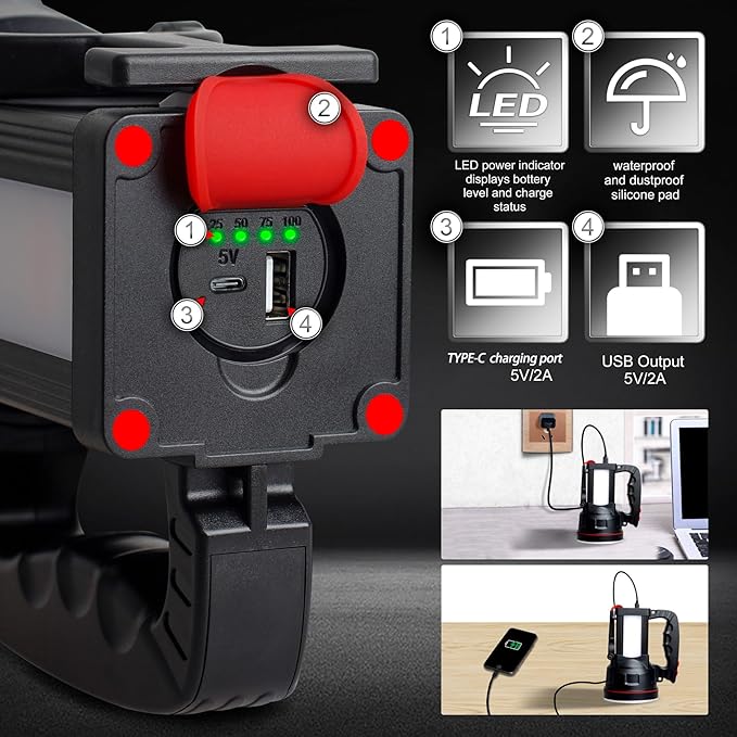 BIGSUN Spotlight Flashlight, 12800 mAh Rechargeable Flashlights High Lumens, Multifunctional Bright Flashlight, Outdoor Waterproof Camping Search Light Tactical Torch for Emergency, Boat, Hunting