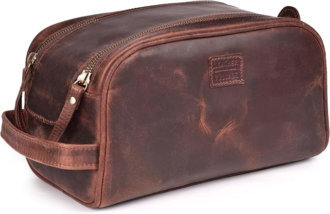 LEATHER VILLAGE Premium Leather Toiletry Travel Pouch With Waterproof Lining - Dark Brown | King-Size Handcrafted Vintage Dopp Kit Bag