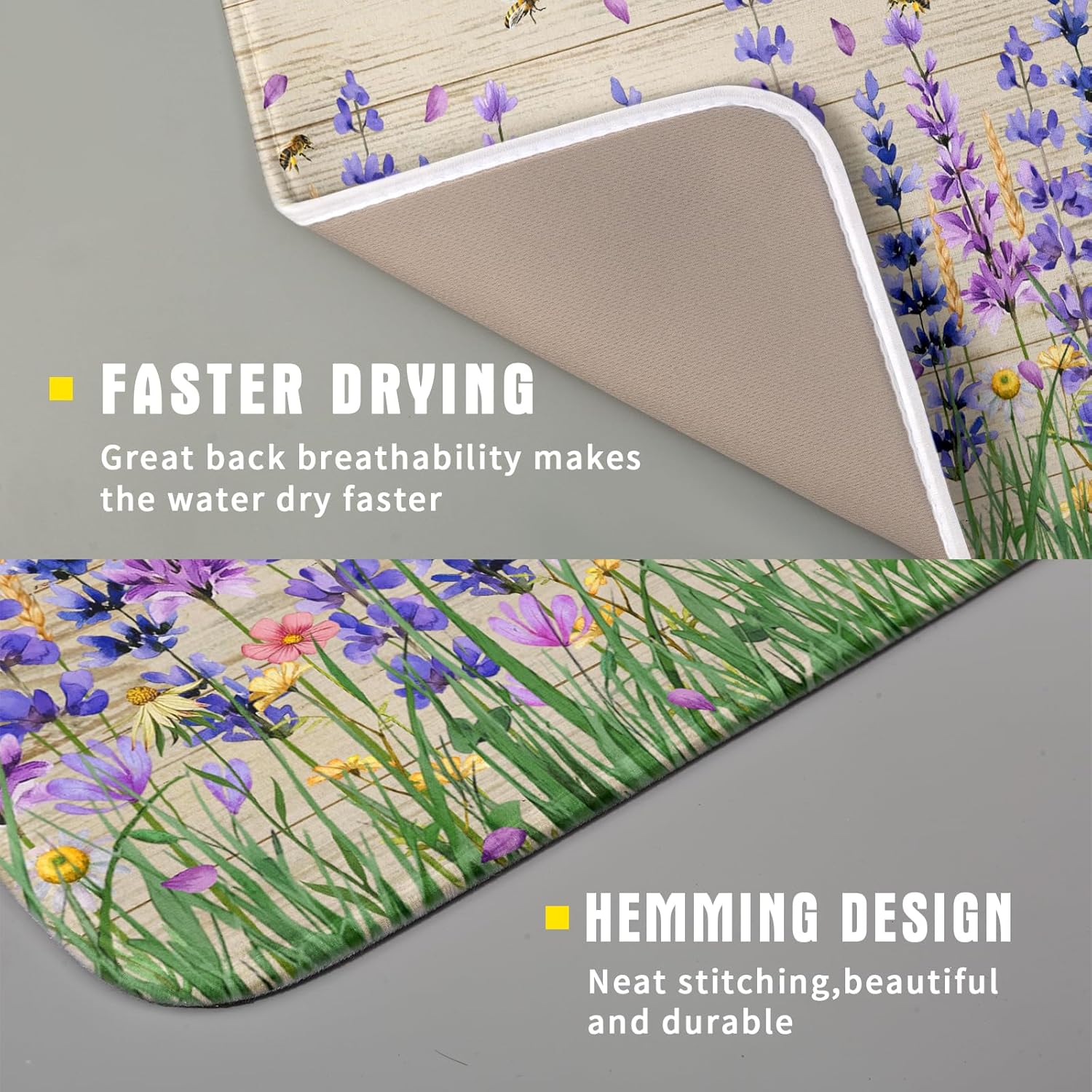 Lavender Floral Dish Drying Mat 16x18 inch Spring Summer Flower Decorative Fast Dry Dishes Drainer Mats Reversible Washable Dish Rack Pad
