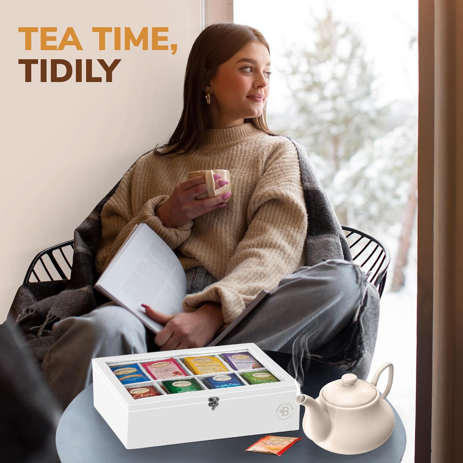 Bambüsi Tea Bag Organizer - Bamboo Tea Box Organizer Storage Box, Tea Bag Holder with Acrylic Window, Magnetic Lid Keeps Tea Bags Fresh - Tea Organizer Caddy (Tea Not Included) Christmas Gift - White