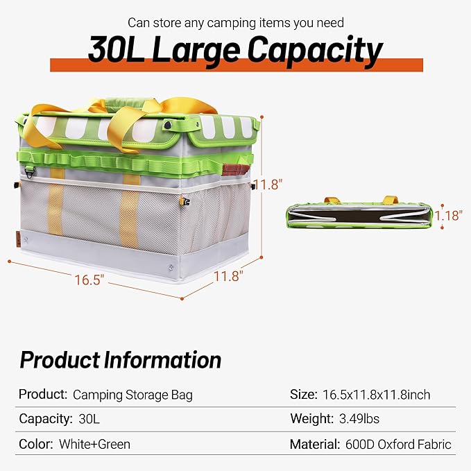 30L Camping Storage Bag with Lid, Carrot Orange Camping Organizer Containers, Picnic Basket Chuck Box Tactical Bag for Hiking Cookware Travel Car