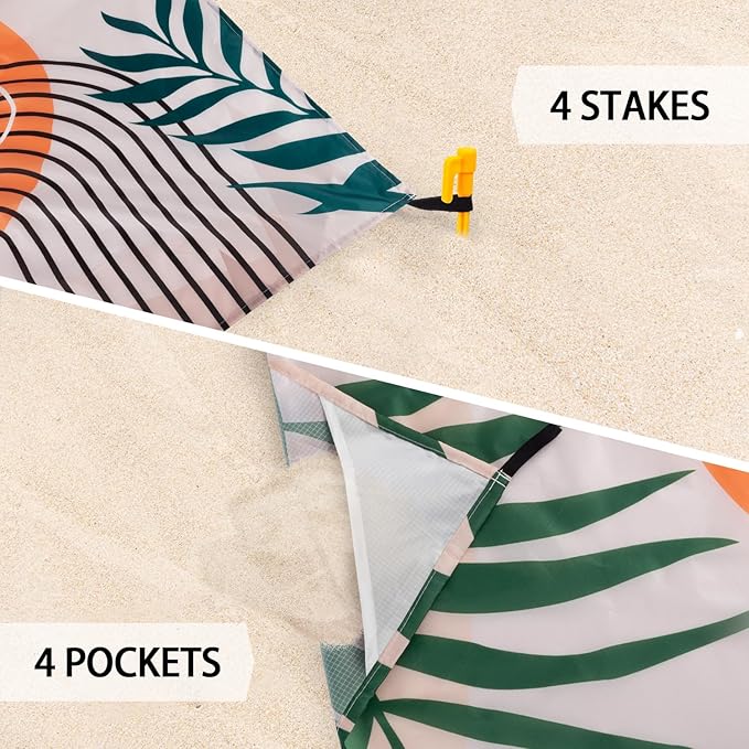110''×118'' Large Sandproof Beach Blanket for 4-8 Adults, Waterproof Sand Free Beach Mat with 4 Stakes, Polyester Lightweight Boho Outdoor Travel Mat for Picnic, Travel, Camping, Hiking