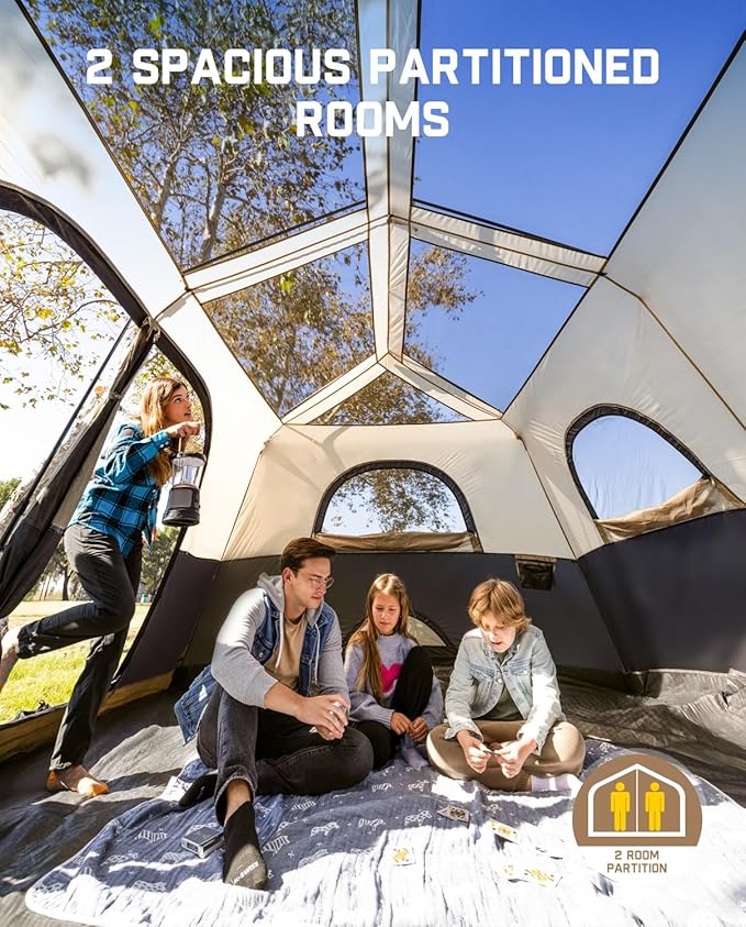 FanttikOutdoor Instant Cabin Tent 6/8/10/12 Person Camping Tent Setup in 60 Seconds with Rainfly & Windproof Portable with Carry Bag for Family Camping & Hiking, Upgraded Ventilation, Khaki