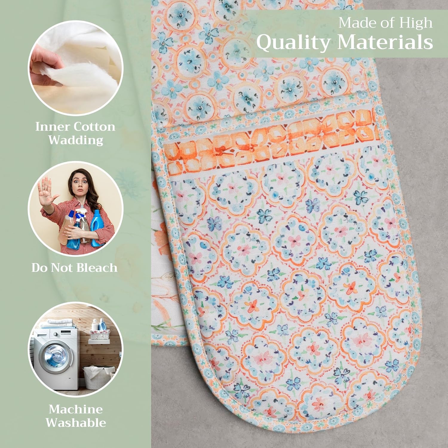 Maison d' Hermine Double Oven Mitts 100% Cotton 7"x35" Double Oven Mitt Heat Resistant BBQ Cooking Gloves with Loop, Baking, Grilling, Home, Kitchen, Handling Hot Pans Spring Summer (Summer Whisper)