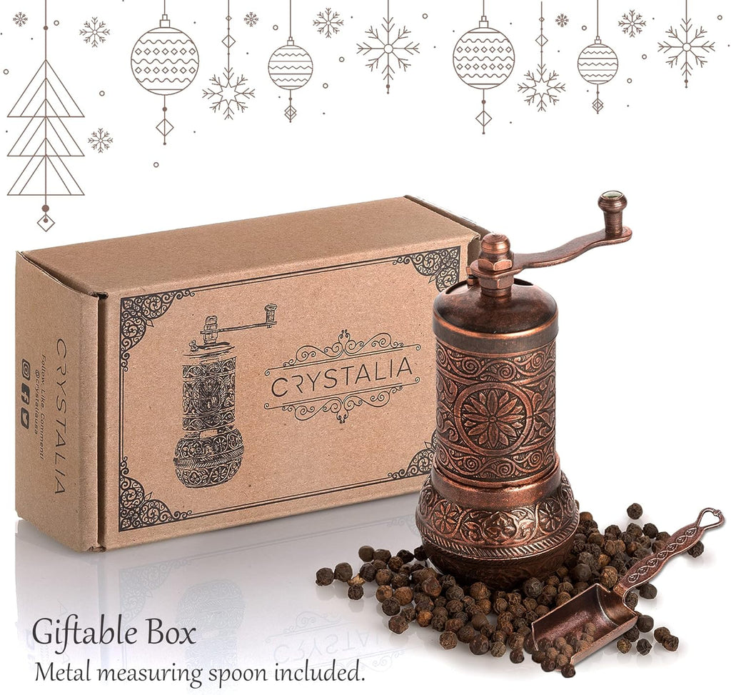 Decorative Black Pepper Grinder, Refillable Turkish Spice Mill with Adjustable Coarseness, Manual Pepper Mill with Handle, Spice Grinder Metal with Hand Crank, Copper