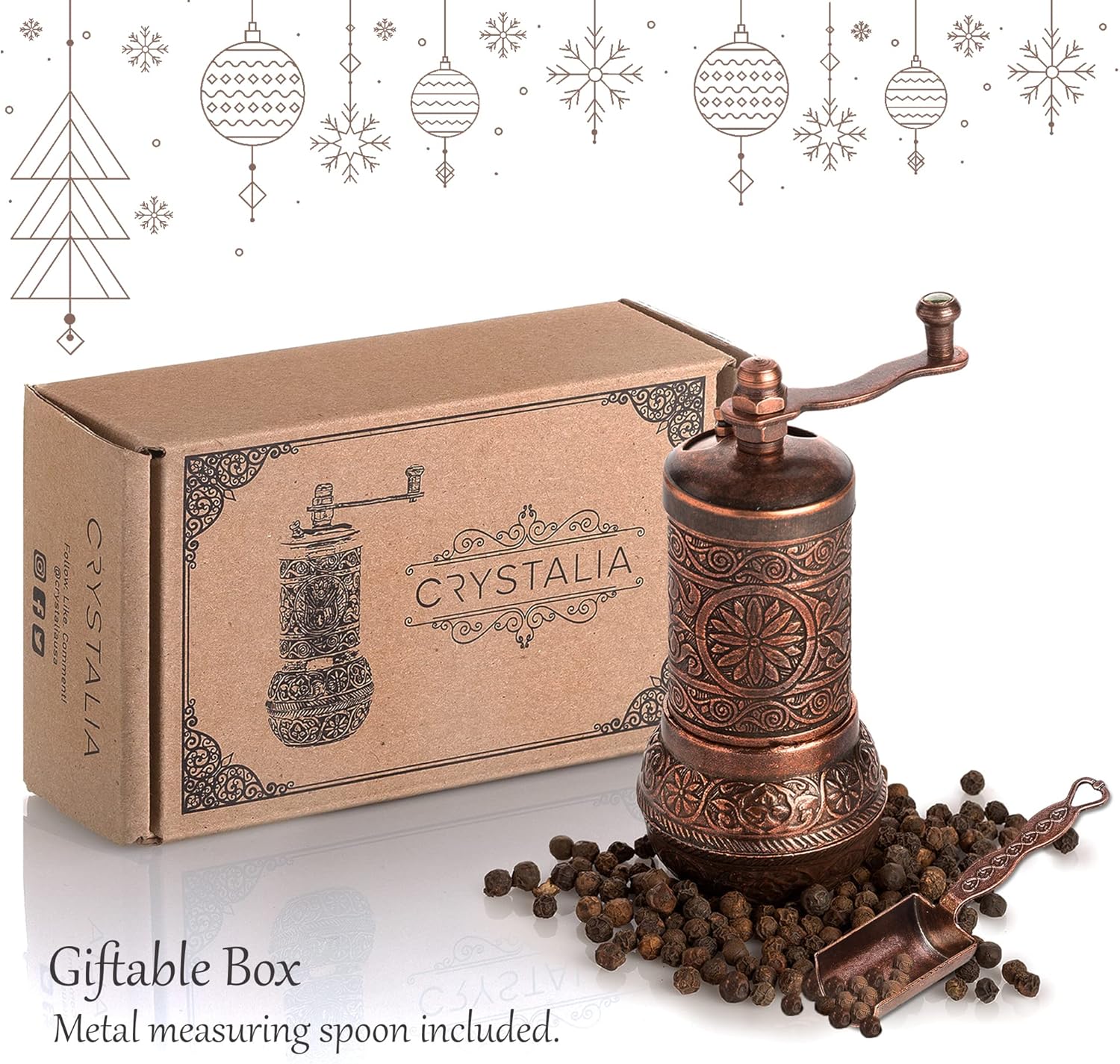 Decorative Black Pepper Grinder, Refillable Turkish Spice Mill with Adjustable Coarseness, Manual Pepper Mill with Handle, Spice Grinder Metal with Hand Crank, Copper