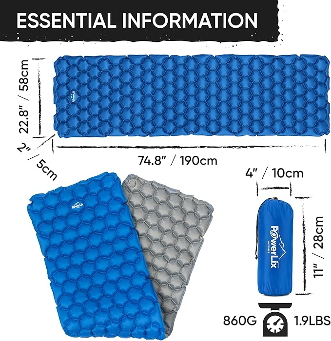 POWERLIX Camping Sleeping Pad - Ultralight Inflatable Camping Mattress Sleeping Mat for Backpacking, Hiking, Compact Lightweight Sleeping Pad, Inflation Bag/Repair Kit Included