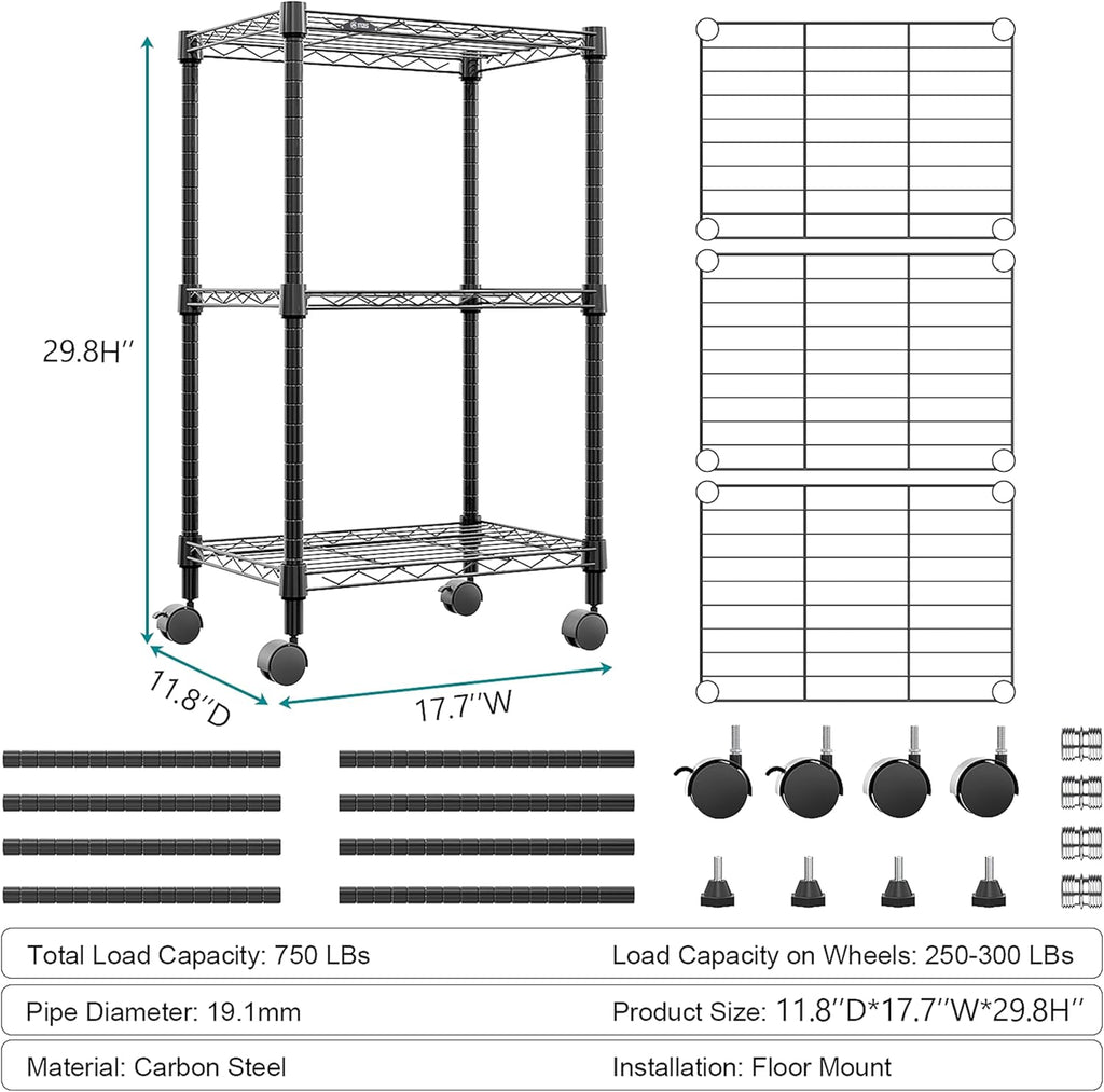3 Tier Shelf Metal Storage Shelves Wire Rack Closet Organizers with Wheel for Garage Kitchen Bathroom Laundry Black 11.8" D x 17.7" W x 29.8" H