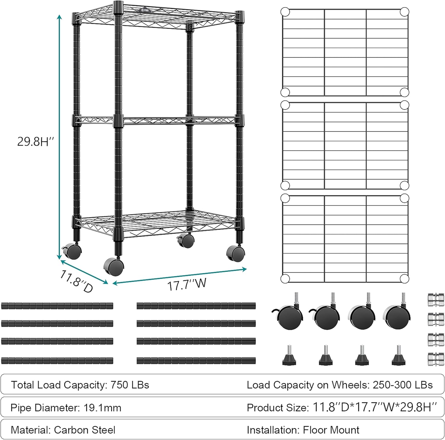 3 Tier Shelf Metal Storage Shelves Wire Rack Closet Organizers with Wheel for Garage Kitchen Bathroom Laundry Black 11.8" D x 17.7" W x 29.8" H