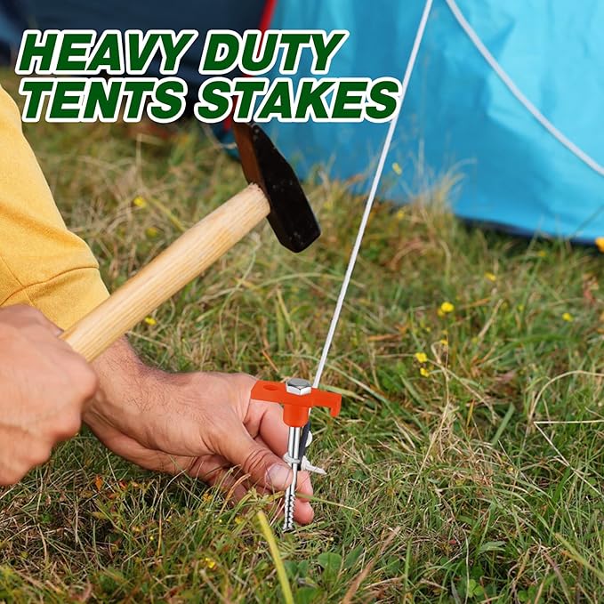 Tandefio 20 Pcs 8 Inch Screw in Tent Stakes Heavy Duty Drill in Ground Anchor Pegs Metal Stakes Screws Hex Pegs Drillable Camping Threaded Tent Spike with Hex Head Driver (Orange)