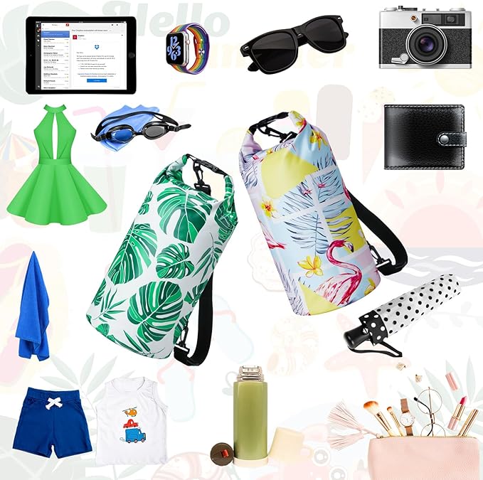 2 Pcs Waterproof Floating Dry Bag 10l Floating Dry Sack for Man Women Roll Top Waterproof Backpack for Rafting Boating Swimming Kayaking Hiking(Palm and Flamingos)