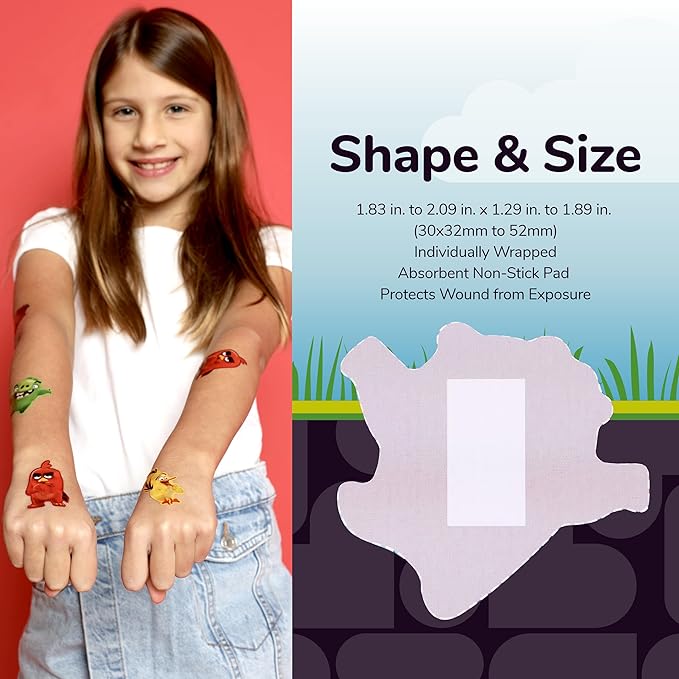 BioSwiss Bandages, Angry Birds Movie Shaped Self Adhesive Bandage, Latex Free Sterile Wound Care, Fun First Aid Kit Supplies for Kids and Adults, 50 Count