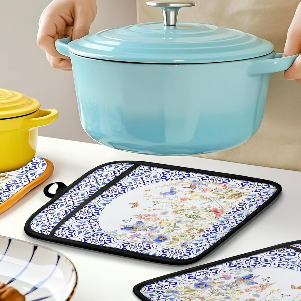 Colorful Wildflowers Floral Oven Mitts Set, Blue and White Heat Resistant Kitchen Oven Gloves for Baking and Cooking,Pot Holders