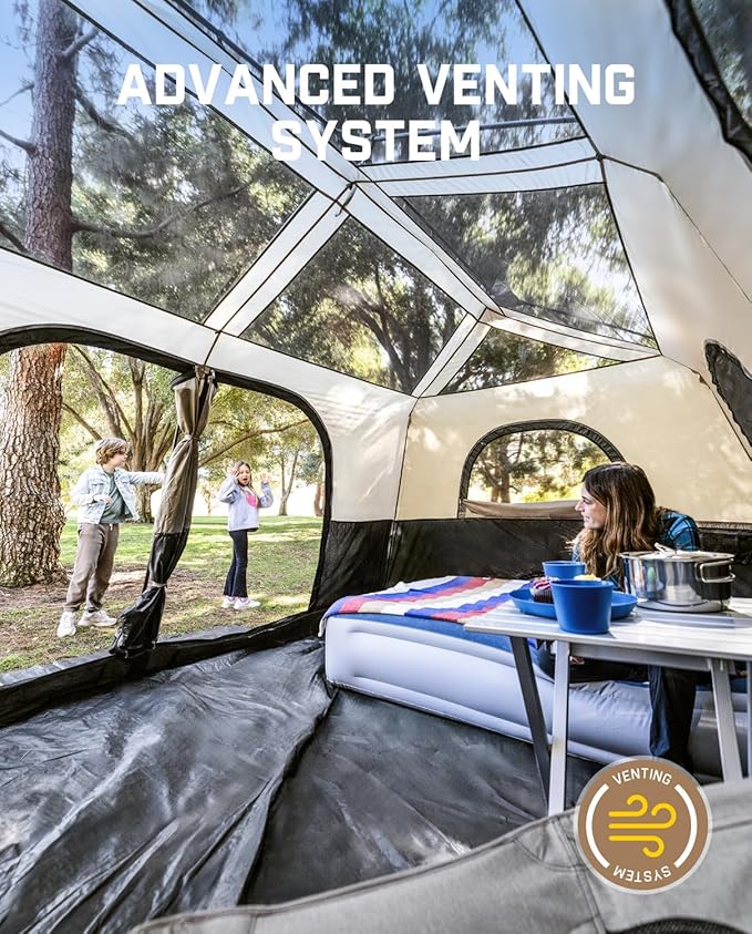 FanttikOutdoor Instant Cabin Tent 6/8/10/12 Person Camping Tent Setup in 60 Seconds with Rainfly & Windproof Portable with Carry Bag for Family Camping & Hiking, Upgraded Ventilation, Khaki