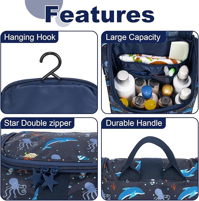 Cute Cartoon Hanging Kids Toiletry Bag Children Travel Cosmetic Makeup Organizer Wash Bag Shower bag Over Night Bag Camping Shaving Kit Bag for Boys & Girls (Sea World)