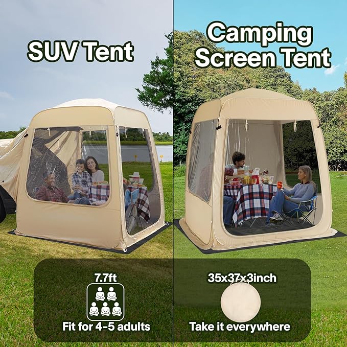 All Weather Camping Screen Tent/SUV Tent, Outdoor Pop Up Tent for Camping with Shelter Mesh & Waterproof PVC, Instant Tent Screen House Portable for Car SUV Van Camping